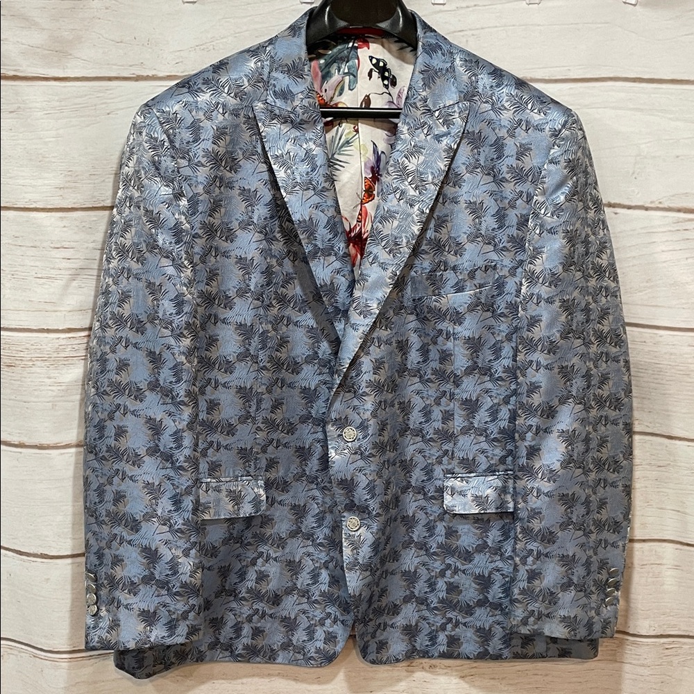 Tallia Suit Jacket Sport Coat Blazer Blue Floral Silver Buttons Mens Size 44 46